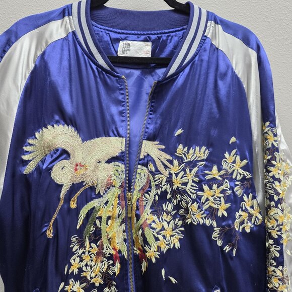 Standard Issue NYC Jacket Mens XL Blue Satin Bomber Embroidered Crane Sukajan - Picture 2 of 9